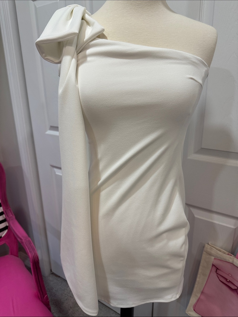 Blue Blush One-Shoulder White Dress with Draped Bow